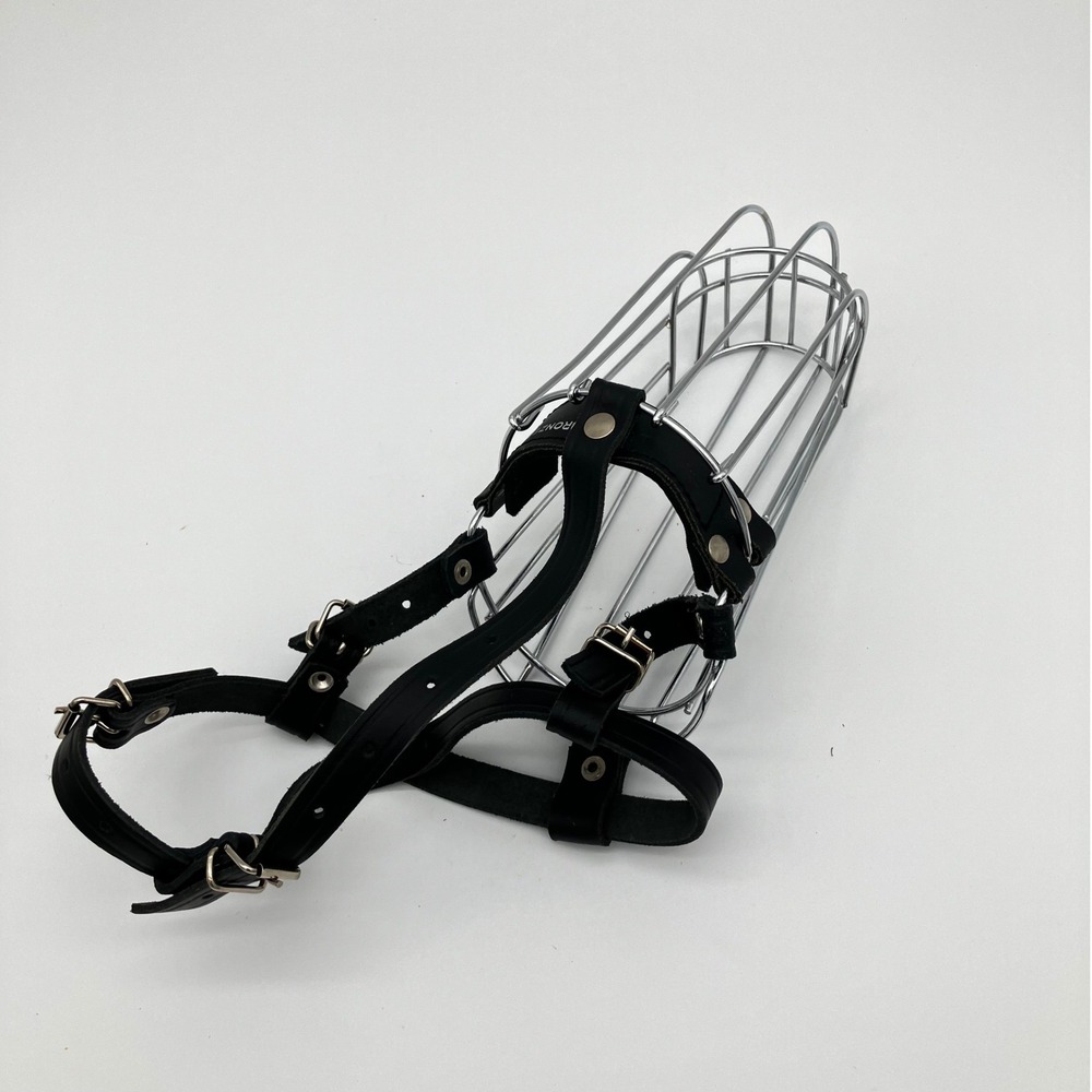 BronzeDog Metal Wire Basket Dog Muzzle Large Black Leather Strap Adjustable READ